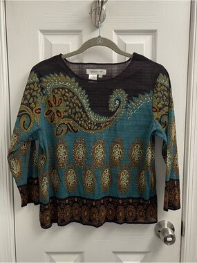 Coldwater Creek Teal and Black Paisley Medallion Long Sleeve Top